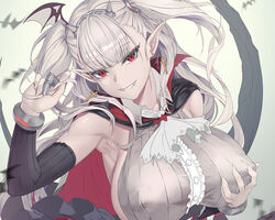  bad_id bad_twitter_id bat_wings breast_hold breasts cape covered_nipples cropped cross cross_earrings detached_sleeves draculina_(last_origin) earrings fangs female fingernails highres jewelry large_breasts last_origin limeblock long_hair looking_at_viewer no_bra platinum_blonde_hair pointy_ears red_eyes ribbed_shirt shirt sideboob sleeveless sleeveless_shirt smile solo vampire wings 