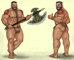  1boy abs alternate_costume arm_hair ass axe bara barbarian battle_axe beard body_hair bulge chest_hair clenched_butt commission eyebrow_cut facial_hair full_body grin growlygruntz hairy holding holding_axe large_pectorals league_of_legends leg_hair loincloth looking_at_viewer male_focus mature_male multiple_views muscular muscular_male navel_hair nipples pectorals short_hair shoulder_tattoo sideburns smile stomach tattoo thick_eyebrows thick_thighs thighs thumbs_up topless_male tribal udyr undercut weapon 