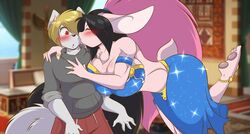  2019 anthro big_breasts black_nose bottomwear breasts closed_eyes clothing digital_media_(artwork) dress duo feet female fur genie hair humanoid_feet kissing kissing_cheek kyoko_usagi lagomorph larger_female leporid long_hair male male/female mammal mastergodai mature_anthro mature_female multicolored_hair pants pawpads pink_body pink_fur plantigrade rabbit rascals size_difference smaller_male soles sweater topwear 