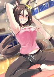  air_groove_(umamusume) animal_ears armpits arms_behind_head arms_up barefoot black_pants blurry blurry_background blush bow breasts brown_hair camisole clenched_teeth commentary_request depth_of_field derivative_work duel_monster dutch_angle ear_bow feet female foot_up groin gym hair_between_eyes highres horse_ears horse_girl horse_tail indoors lens_flare medium_breasts midriff midriff_peek navel oerba_yun_fang on_floor pants parody pigeon_pose pink_camisole purple_eyes short_hair sitting smart_falcon_(just_in_time!?_uma&lt;3dol)_(umamusume) smart_falcon_(umamusume) soles solo stretching sweat tail teeth toes trembling tsunemi_aosa umamusume uneven_eyes yoga yoga_mat yoga_pants 