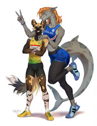  african_wild_dog anthro athletic better_version_at_source big_ears black_nose bottomwear bracelet canid canine closed_eyes clothing crop_top duo emille_selachi english_text fari_paredes female fish flat_chested footwear fur fur_pattern fuzzy_tail gesture gills grey_body grin hair hi_res huge_tail hybrid jersey jewelry larger_female leggings legwear male male/female mammal marine multicolored_body multicolored_fur nike olympics orange_eyes orange_hair shark shirt shoes shorts sidecut size_difference smaller_male smile sneakers takiroku-sama text thick_thighs topwear v_sign 