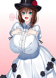  :d absurdres aqua_eyes blush braid breasts brown_hair charlotte_corday_(fate) charlotte_corday_(third_ascension)_(fate) commentary_request dress fate/grand_order fate_(series) female gradient_background hair_between_eyes hat heart highres huge_breasts looking_at_viewer medium_hair open_mouth smile solo spoken_heart watosu white_dress 