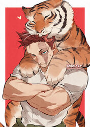  1boy animal_on_shoulder beard blue_eyes boku_no_hero_academia border burn_scar commentary crossed_arms endeavor_(boku_no_hero_academia) facial_hair frown green_jumpsuit heart jumpsuit jumpsuit_around_waist kadeart licking licking_another&#039;s_head male_focus mature_male moustache muscular muscular_male narrowed_eyes outside_border red_background red_hair scar scar_across_eye scar_on_cheek scar_on_face scar_on_mouth shirt sideburns solo spiked_hair stubble symbol-only_commentary t-shirt tied_sleeves tiger twitter_username two-tone_background upper_body white_border white_shirt 