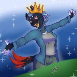  1:1 absurd_res anthro clothed clothing crown digital_media_(artwork) female fur hair headgear hi_res hyena mammal open_mouth ramerooni simple_background smile solo sparkles teeth 