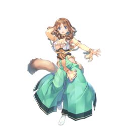  amazuyu_tatsuki animal_ears arm_behind_head arm_up bracelet breasts brown_hair female full_body fumirul green_hakama hakama hakama_skirt highres japanese_clothes jewelry large_breasts long_hair looking_at_viewer non-web_source official_art open_mouth skirt solo tabi tail transparent_background underboob utawarerumono utawarerumono:_lost_flag 