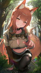  animal_ear_fluff animal_ears arknights black_collar black_pants blush breasts brown_hair cleavage cleavage_cutout clenched_teeth clothing_cutout collar collarbone commentary_request crop_top day extra_ears female forest fox_ears fox_girl fox_tail franka_(arknights) franka_(rainforest_me_rainbow)_(arknights) grey_shirt grin highres large_breasts long_hair looking_at_viewer nature official_alternate_costume outdoors pants shirt sidelocks smile sweat tail teeth thighs yellow_eyes zayur 