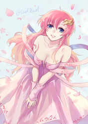  :d blue_eyes breasts cherry_blossoms cleavage collarbone detached_sleeves dress female floating_hair gundam gundam_seed hair_between_eyes hair_ornament highres lacus_clyne long_dress long_hair medium_breasts open_mouth pink_dress pink_hair pink_sleeves smile solo standing strapless strapless_dress twitter_username very_long_hair yuuka_seisen 