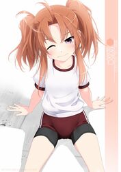  ahoge alternate_costume artist_name bike_shorts black_shorts brown_buruma brown_hair buruma character_name commentary_request cowboy_shot female gym_shirt gym_uniform highres inaba_shiki incoming_kiss kagerou_(kancolle) kantai_collection long_hair looking_at_viewer one_eye_closed purple_eyes shirt shorts sitting solo t-shirt twintails white_shirt 