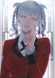  black_ribbon blue_eyes blunt_bangs blurry blurry_background braid braided_hair_rings collared_shirt colored_eyelashes commentary_request dress_shirt female hair_ribbon highres hyakkaou_academy_school_uniform jacket kakegurui long_sleeves looking_at_viewer momobami_kirari parted_lips red_jacket ribbon school_uniform shirt silver_lips silver_nails solo takashi_(huzakenna) tied_hair twin_braids upper_body white_hair white_shirt wing_collar 