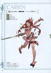  absurdres arm_up armpits bare_shoulders belt bikini bikini_skirt blue_eyes bracelet braid breasts brown_hair carren carren_(granblue_fantasy) character_name cleavage crown_braid female full_body granblue_fantasy hair_ornament high_heels highres holding holding_sword holding_weapon jewelry looking_at_viewer medium_breasts minaba_hideo navel official_art open_mouth page_number parted_bangs pearl_bracelet photoshop_(medium) sandals scan scrunchie sheath shoes simple_background solo stats swimsuit sword thigh_strap toeless_footwear toes twin_braids weapon wedge_heels 