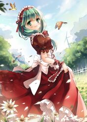  absurdres adapted_costume alternate_costume apron bird blue_sky blush cloud commentary_request day dress enmaided female fence flower front_ponytail green_eyes green_hair highres jiji_(381134808) kagiyama_hina looking_at_viewer maid maid_headdress outdoors petals photoshop_(medium) puffy_sleeves red_dress ribbon sash short_sleeves skirt_hold sky smile solo touhou tree waist_apron wind_turbine wrist_ribbon 