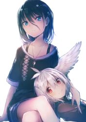  2girls :&gt; bad_id bad_pixiv_id black_hair blue_eyes crossed_legs en@rain feather_hair image_sample jewelry lap_pillow md5_mismatch multiple_girls necklace original pendant pixiv_sample red_eyes shirt shorts simple_background sitting smile t-shirt white_background white_hair wings 