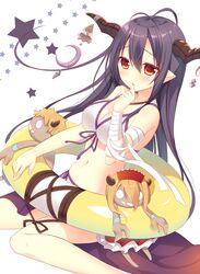  bad_id bad_pixiv_id bikini breasts danua danua_(summer)_(granblue_fantasy) draph female granblue_fantasy gretel_(granblue_fantasy) hansel_(granblue_fantasy) horn_ornament horns innertube large_breasts long_hair official_alternate_costume pointy_ears red_eyes solo sumisaki_yuzuna swim_ring swimsuit 