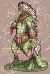  2012 3_fingers 3_toes abs abstract_background amputee anthro armband biceps biped bottomwear claws clothed clothing digital_media_(artwork) digitigrade disability feathered_headdress feathers feet fingers grass green_body green_scales headdress leather leather_armband leather_bottomwear leather_clothing leather_legband leather_loincloth legband lizard loincloth male missing_arm muscular muscular_anthro muscular_male native_american one_arm pecs plant pupils reptile scales scalie shaolin_bones simple_background slit_pupils solo standing tail_scales toe_claws toes topless vein veiny_arms veiny_chest wide_stance yellow_eyes 