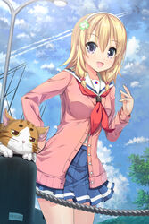  animal blonde_hair cardigan commentary_request contrail day feline female hairband high_school_fleet isoroku_(haifuri) kokage_(next_nest) leaning_forward outdoors photoshop_(medium) purple_eyes rope school_uniform serafuku short_hair solo wakasa_reo yokosuka_girls_marine_high_school_uniform 