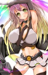  arm_up armpits bad_id bad_pixiv_id blonde_hair blush breasts brown_hair cosplay crop_top elbow_gloves female fingerless_gloves gloves gradient_hair hijiri_byakuren kantai_collection large_breasts long_hair looking_at_viewer midriff miniskirt multicolored_hair nagato_(kancolle) nagato_(kancolle)_(cosplay) purple_hair skirt solo sorcerer&#039;s_sutra_scroll thighhighs touhou velia yellow_eyes zettai_ryouiki 