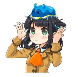  animal animal_on_head bad_id bad_pixiv_id black_hair female folded_hair green_eyes hair_rings isshiki_tarou long_hair mihama_junior_high_school_uniform nagi_no_asukara on_head school_uniform sea_slug shiodome_miuna slime_(substance) twintails wince 