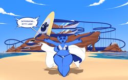  amusement_park averyshadydolphin beach bikini blue_body blue_fur breasts cape cat_tail clothing domestic_cat felid feline felis female fur hat headgear headwear hi_res kitty_(averyshadydolphin) mammal navel paws seaside solo swimwear thick_thighs towel water_park wide_hips 