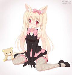  :o animal_ears black_gloves blush bow bowtie breasts buttons commission double_bun elbow_gloves elin_(tera) eyelashes female fishnets glasses gloves hairband high_heels kainkout leg_ribbon legs_apart long_hair maid mary_janes miniskirt red_eyes ribbon shirt shoe_ribbon shoes sitting skirt small_breasts spread_legs stuffed_animal stuffed_toy teddy_bear tera_online twintails 