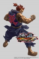  1boy akuma_(street_fighter) beads black_sclera clenched_hand colored_sclera copyright_name dark-skinned_male dark_skin fighting_stance full_body heaven_(kanji) junny male_focus muscular official_art prayer_beads red_eyes red_hair rope sandals sleeveless solo street_fighter teeth tekken tekken_7 topknot 