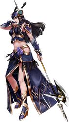  absurdres armor bikini_armor black_hair boots breastplate feathers female flower full_body halberd helmet highres holding holding_weapon hrist_valkyrie long_hair looking_at_viewer navel official_art parted_lips photoshop_(medium) polearm purple_flower purple_rose red_eyes rose shoulder_armor shoulder_pads solo standing valkyrie_anatomia valkyrie_profile_(series) weapon white_background 