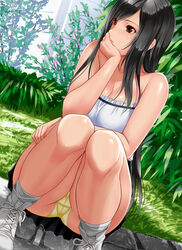  alternate_costume bare_arms bare_shoulders black_hair black_skirt breasts brown_eyes casual cleavage closed_mouth collarbone cross-laced_footwear day eyelashes female final_fantasy final_fantasy_vii flower foreshortening grass hand_on_lap head_rest highres knees_together_feet_apart large_breasts leaf long_hair looking_away outdoors panties pantyshot plant shiny_skin shoes sidelocks skirt sneakers socks solo squatting strapless switch01 tifa_lockhart underwear very_long_hair white_footwear white_socks yellow_panties 