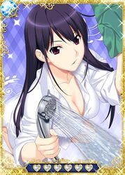  black_hair breasts card_(medium) cleavage collarbone dress_shirt female grisaia_(series) grisaia_no_kajitsu large_breasts long_hair purple_eyes sakaki_yumiko shirt solo white_shirt 