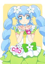  alternate_form bad_id bad_pixiv_id blue_eyes blue_hair bow cu-sith cure_princess cure_princess_(macadamia_hula_dance) earrings female flower green_skirt hair_flower hair_ornament happinesscharge_precure! heart highres jewelry long_hair magical_girl precure shirayuki_hime skirt smile solo twintails yellow_background 