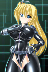  artist_request blonde_hair blue_eyes bodysuit breasts female gradient gradient_background large_breasts long_hair nancy_lee ninja_slayer solo striped_background yakkey 