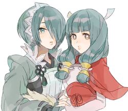  2girls alternate_hair_color blue_eyes blue_hair blunt_bangs commentary_request fingerless_gloves fire_emblem fire_emblem_fates gloves hair_over_one_eye holding_hands long_hair low_twintails mitama_(fire_emblem) mother_and_daughter multiple_girls parted_lips setsuna_(fire_emblem) shourou_kanna star-shaped_pupils star_(symbol) symbol-shaped_pupils twintails white_background 