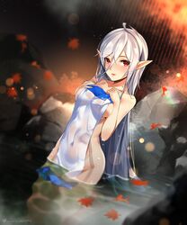  ahoge bad_id bad_twitter_id bare_shoulders blurry blush bokeh breasts collarbone covered_navel covering_privates depth_of_field dutch_angle female fu-mi.a hair_between_eyes hands_on_own_chest highres leaf long_hair maple_leaf medium_breasts nude_cover onsen ortlinde=nblg=valkyria outdoors pointy_ears red_eyes smile solo sound_voltex steam towel very_long_hair wading wet wet_hair white_hair 