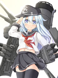  anchor anchor_symbol bad_id bad_pixiv_id black_hat black_skirt black_thighhighs blue_eyes blush commentary_request cowboy_shot female flat_cap hair_between_eyes hat hibiki_(kancolle) kantai_collection long_hair looking_at_viewer midriff miniskirt musouzuki navel neckerchief pleated_skirt red_neckerchief rigging salute school_uniform serafuku shirt simple_background skirt smile solo stomach thighhighs torpedo torpedo_tubes turret white_background white_hair white_shirt zettai_ryouiki 