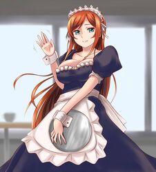  apron aqua_eyes breasts cleavage commentary_request female green_eyes gundam gundam_build_fighters gundam_build_fighters_try highres kamiki_mirai large_breasts long_hair maid maid_headdress puffy_short_sleeves puffy_sleeves red_hair ryuusama short_sleeves smile solo tray waving wrist_cuffs 