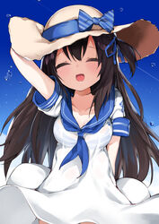  :d absurdres black_hair blue_bow blue_ribbon bow breasts cleavage closed_eyes collarbone commentary_request female hair_ribbon hat highres kamioka_shun&#039;ya long_hair marin_(kamioka_shun&#039;ya) open_mouth original ribbon sailor_collar see-through short_sleeves smile solo striped striped_bow water_drop 