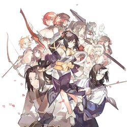  5boys 6+girls ahoge atuy black_hair blush boots bow_(weapon) breasts brown_eyes brown_gloves brown_hair brown_hat clenched_teeth closed_eyes closed_mouth commentary everyone expressionless flat_chest gloves green_eyes hairband haku_(utawarerumono) hat holding holding_sword holding_weapon horns jachdwalt japanese_clothes katana kimono kiseru kiwru knee_boots kuon_(utawarerumono) large_breasts long_hair looking_at_viewer low-tied_long_hair mask medium_breasts mouth_hold multiple_boys multiple_girls nekone_(utawarerumono) nosuri oshtor ougi partially_fingerless_gloves pointy_ears ponytail profile red_hair rulutieh saraana short_hair siblings simple_background single_horn sisters smile smoking_pipe starshadowmagician sword teeth twins uruuru utawarerumono utawarerumono:_itsuwari_no_kamen very_long_hair weapon white_background white_footwear yugake 