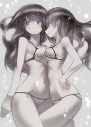  2girls air_bubble arms_behind_back asymmetrical_docking bad_id bad_pixiv_id bare_shoulders bikini black_eyes black_hair blush breast_press breasts bubble commentary_request from_side hair_behind_ear hand_on_own_hip highres large_breasts long_hair looking_away medium_breasts multiple_girls navel original pale_skin profile smile swimsuit tefec thighs underwater 