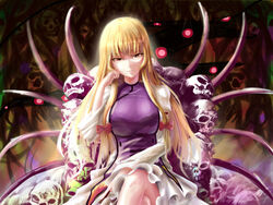  armband bare_legs blonde_hair bone bow breasts chair chinese_commentary commentary_request crossed_legs evil_grin evil_smile female folding_fan gap_(touhou) grin hairbow hand_fan hand_on_own_face head_tilt highres holding huge_breasts long_hair looking_at_viewer multicolored_eyes pile_of_skulls purple_eyes sitting skull smile tabard touhou unworn_headwear xiaoyin_li yakumo_yukari yellow_eyes 