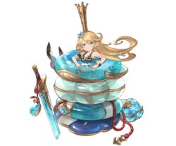  bare_shoulders blonde_hair blue_eyes boots charlotta_(granblue_fantasy) charlotta_(summer)_(granblue_fantasy) collarbone crown female granblue_fantasy hair_ornament harvin innertube long_hair looking_at_viewer minaba_hideo official_alternate_costume official_art pointy_ears see-through skirt solo starfish_hair_ornament swim_ring sword tall_crown transparent_background weapon 