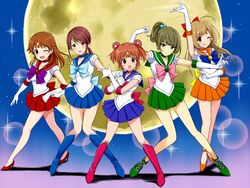  5girls :d abe_nana ahoge bishoujo_senshi_sailor_moon bow choker commentary_request cosplay double_bun elbow_gloves full_moon gloves hair_bobbles hair_bun hair_ornament idolmaster idolmaster_cinderella_girls inner_senshi katagiri_sanae magical_girl mifune_miyu miniskirt mole mole_under_eye moon multiple_girls one_eye_closed open_mouth ponytail pose q-v_(levia) sailor_collar sailor_jupiter sailor_jupiter_(cosplay) sailor_jupiter_pose sailor_mars sailor_mars_(cosplay) sailor_mars_pose sailor_mercury sailor_mercury_(cosplay) sailor_mercury_pose sailor_moon sailor_moon_(cosplay) sailor_senshi sailor_senshi_uniform sailor_venus sailor_venus_(cosplay) sailor_venus_pose sato_shin skirt smile sparkle_background takagaki_kaede tiara tsuki_ni_kawatte_oshioki_yo twintails white_gloves yoi_otome_(idolmaster) 