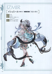  absurdres ass bare_shoulders blue_eyes breasts character_name draph female full_body granblue_fantasy hair_ornament high_heels highres holding horns izmir izmir_(summer)_(granblue_fantasy) large_breasts long_hair looking_at_viewer looking_back minaba_hideo mole mole_under_mouth official_alternate_costume official_art open_mouth page_number photoshop_(medium) pointy_ears red_eyes scan see-through simple_background solo standing stats swimsuit 