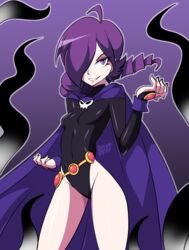  bigdead93 breasts cape cosplay female hair_over_one_eye leotard lips purple_eyes purple_hair raven_(dc) raven_(dc)_(cosplay) solo tagme teen_titans tentacle zone-tan 