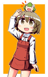  :d arm_up blush brown_eyes brown_hair collared_shirt commentary_request cowboy_shot female hair_ornament hidamari_sketch long_sleeves looking_away looking_up naga_u notice_lines on_head open_mouth orange_background pleated_skirt red_skirt red_vest school_uniform shirt skirt sleeves_past_wrists smile two-tone_background ume-sensei vest white_background white_shirt x_hair_ornament yuno_(hidamari_sketch) 