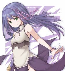  bad_id bad_pixiv_id black_skirt bracelet breasts character_name cleavage cowboy_shot female flower_knight_girl green_eyes hair_ribbon jewelry lavender_(flower_knight_girl) long_hair looking_at_viewer pink_ribbon purple_hair ribbon ribucci skirt small_breasts smile solo tress_ribbon 