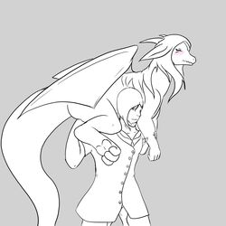  1:1 ass black_and_white blush button_(fastener) carrying_another clothed clothing dragon duo embarrassed female feral fireman&#039;s_carry frostedscales fully_clothed grey_background gwynavier hair hi_res human line_art long_hair male mammal mane monochrome mythological_creature mythological_scalie mythology pawpads paws portrait scalie simple_background tail three-quarter_portrait white_background 