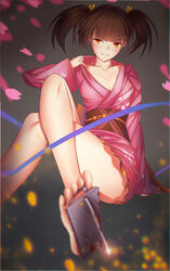  black_hair blood breasts cleavage collarbone commentary female hair_ribbon highres japanese_clothes kimono koutetsujou_no_kabaneri looking_at_viewer mumei_(kabaneri) orange_eyes phantom_(pixiv) pink_kimono ribbon short_kimono short_yukata small_breasts solo twintails yellow_ribbon yukata 