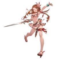  arm_up armpits bare_shoulders belt bikini bikini_skirt blue_eyes bracelet braid breasts brown_hair carren carren_(granblue_fantasy) cleavage crown_braid female full_body granblue_fantasy hair_ornament holding holding_sword holding_weapon jewelry looking_at_viewer medium_breasts minaba_hideo navel official_art open_mouth pearl_bracelet sandals sheath shoes solo swimsuit sword thigh_strap toeless_footwear transparent_background twin_braids weapon wedge_heels 