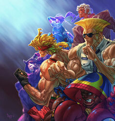  2girls 4boys alex_(street_fighter) arm_guards balrog_(street_fighter) biceps black_hair blonde_hair boxing_gloves capcom commentary_request dark_skin eyepatch fighting_stance fingerless_gloves forehead_jewel formal gloves guile headband highres hood ibuki_(street_fighter) juri_han kunai md5_mismatch military military_uniform multiple_boys multiple_girls muscular panzer_(pnzrk) photoshop_(medium) ponytail resolution_mismatch school_uniform sleeves_rolled_up source_larger street_fighter street_fighter_v suit sunglasses suspenders thick_eyebrows topless_male uniform urien weapon white_hair 