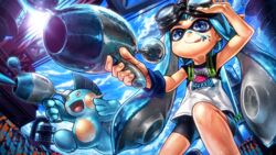  bike_shorts blue_eyes blue_hair clothes_writing commentary_request company_connection crossover female goggles goggles_on_head ink_tank_(splatoon) inkling inkling_girl inkling_player_character licking_lips luna_blaster_(splatoon) marshtomp oyu_udon pokemon pokemon_(creature) shirt smile splatoon_(series) splatoon_1 tentacle_hair tongue tongue_out 