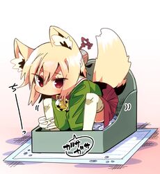  animal_ear_fluff animal_ears bell blonde_hair blush borrowed_character collar commentary female fox_ears fox_girl fox_tail full_body green_shirt hair_between_eyes hair_bun hair_ornament highres jingle_bell kemomimi-chan_(naga_u) litter_box long_hair looking_at_viewer neck_bell original panties panties_around_one_leg pee_pad pleated_skirt red_collar red_eyes red_skirt ribbon-trimmed_legwear ribbon_trim sanzui shirt sidelocks single_hair_bun skirt solo squatting tail tail_raised thighhighs translated underwear white_panties white_thighhighs 