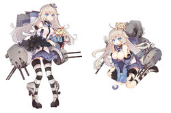  ahoge bare_shoulders blonde_hair blue_eyes blue_skirt commentary_request damaged detached_sleeves female frills full_body hair_ornament hairclip kent_(mod)_(warship_girls_r) kent_(warship_girls_r) long_hair looking_at_viewer mascot mecha_musume multiple_views official_art photoshop_(medium) pleated_skirt rain_lan rigging sitting skirt smoke standing striped_clothes striped_thighhighs thighhighs torn_clothes wariza warship_girls_r 